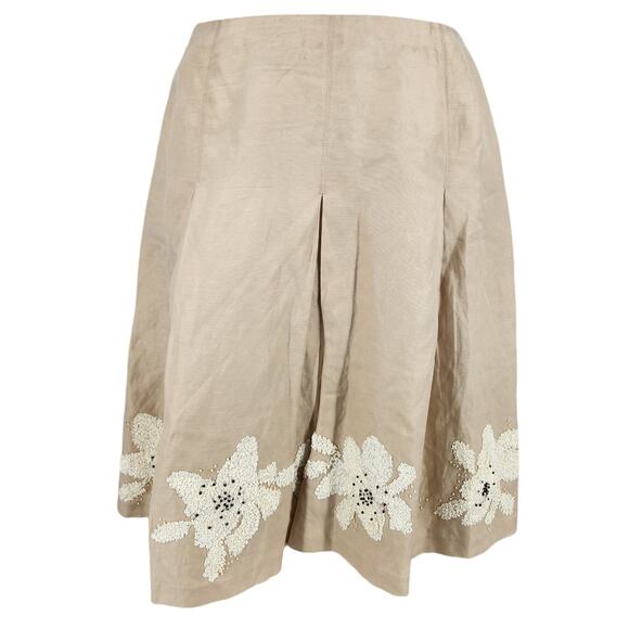 SALE Vintage Dana Buchman Silk Linen Blend Beaded Flower Applique Pleated Skirt - Picture 4 of 6